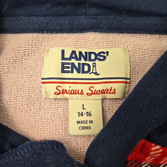 Lands' End Serious Sweats Hoodie Mixed Plaids Red Blue Green size Large (14-16) - Picture 9 of 16